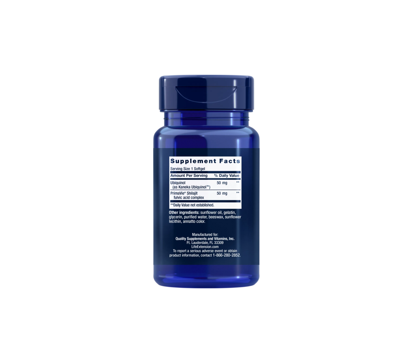 Life Extension Super Ubiquinol CoQ10 with Enhanced Mitochondrial Support™ of 50 mg 30 softgels, supplement facts